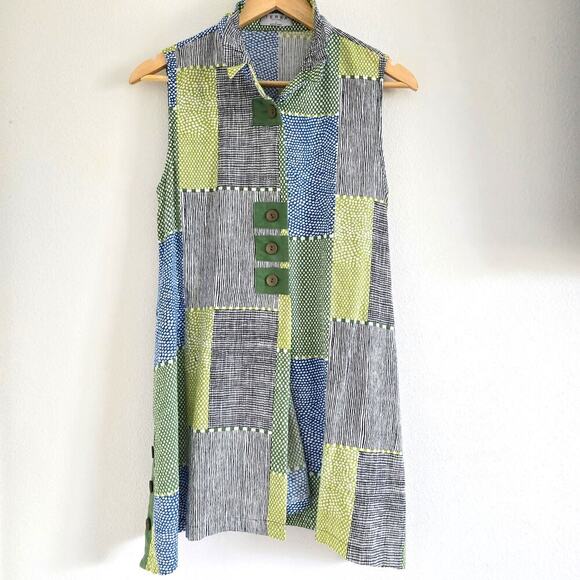 Terra Patch Work Sleeveless Tunic Shirt Gillet Convertible Collar Gray Green S - Picture 1 of 5